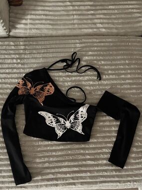 Black One-Shoulder Butterfly Crop Top